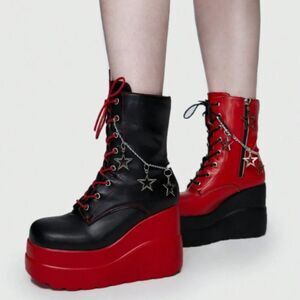 ROMWE Avant Women Two Tone Star Chain Decor Lace-up Front Costume Wedge Boots